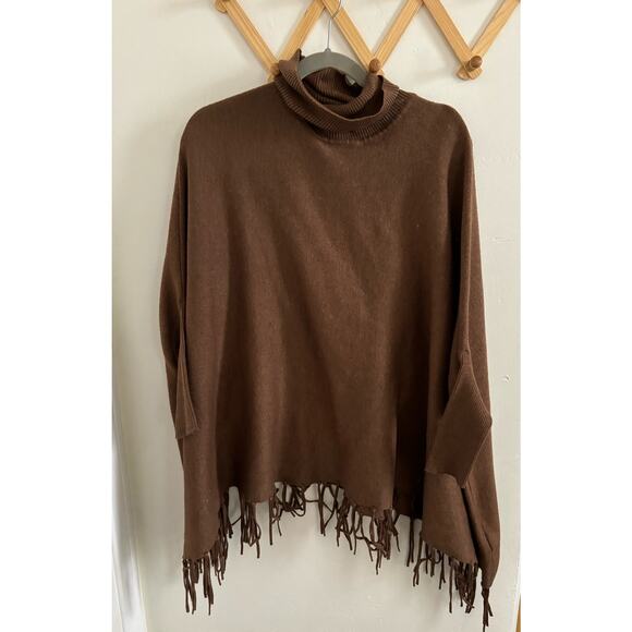 Magaschoni Sweater women's XL Brown Wool Blend Turtleneck Pullover Poncho Fringe - Picture 2 of 10